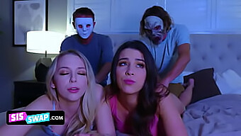 Two Horny Stepbrothers Put On Masks To Trick Their Adorable Stepsisters And Give Them Oral Pleasure